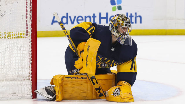 TAMPA, FL - APRIL 23: Goalie Juuse Saros #74 of the Nashville Predators makes a save against the Tampa Bay Lightning during the first period at Amalie Arena on April 23, 2022 in Tampa, Florida.