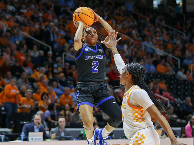 KNOXVILLE, TN - MARCH 19: Dyaisha Fair #2 of the Buffalo Bulls shoots the ball against Jordan Walker #4 of the Tennessee Lady Vols during the first round of the 2022 NCAA Women's Basketball Tournament held at Thompson-Boling Arena on March 19, 2022 in Knoxville, Tennessee.