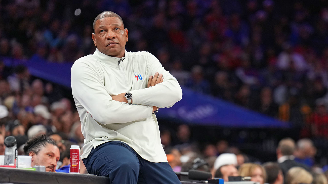 PHILADELPHIA, PA - APRIL 25: Head Coach Doc Rivers of the Philadelphia 76ers looks on during Round 1 Game 5 of the 2022 NBA Playoffs on April 25, 2022 at Wells Fargo Center in Philadelphia, Pennsylvania. NOTE TO USER: User expressly acknowledges and agrees that, by downloading and/or using this Photograph, user is consenting to the terms and conditions of the Getty Images License Agreement. Mandatory Copyright Notice: Copyright 2022 NBAE