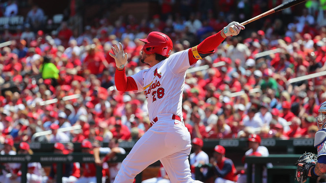 ST LOUIS, MO - APRIL 27: Nolan Arenado #28 of the St. Louis Cardinals drives in two runs with a single against the New York Mets in the third inning at Busch Stadium on April 27, 2022 in St Louis, Missouri.