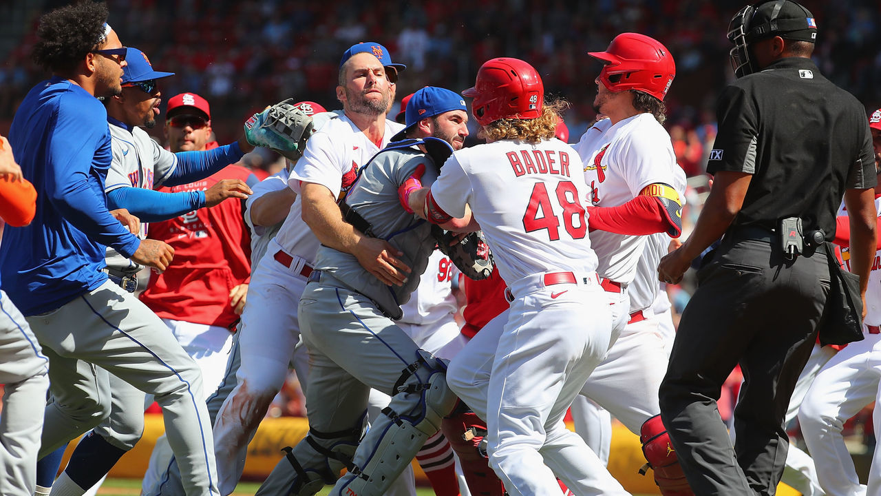 ST LOUIS, MO - APRIL 27: Paul Goldschmidt #46 of the St. Louis Cardinals attempts to restrain Tomas Nido #3 of the New York Mets after the benches cleared in the eighth inning at Busch Stadium on April 27, 2022 in St Louis, Missouri.