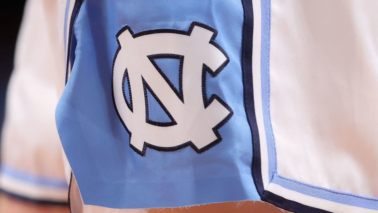 BROOKLYN, NY - MARCH 10: A general view of the North Carolina Tar Heels shorts logo during the first half of the ACC Tournament quarterfinal college basketball game between the North Carolina Tar Heels and the Virginia Cavaliers on March 10, 2022 at the Barclays Center in Brooklyn, New York.