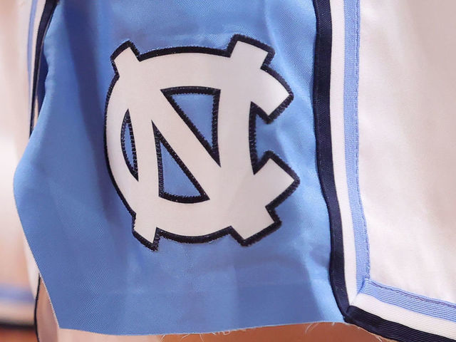 BROOKLYN, NY - MARCH 10: A general view of the North Carolina Tar Heels shorts logo during the first half of the ACC Tournament quarterfinal college basketball game between the North Carolina Tar Heels and the Virginia Cavaliers on March 10, 2022 at the Barclays Center in Brooklyn, New York.