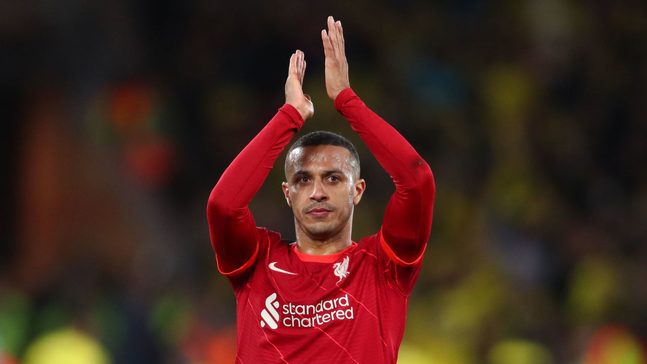 LIVERPOOL, ENGLAND - APRIL 27: Thiago Alcantara of Liverpool applauds at the end of the UEFA Champions League Semi Final Leg One match between Liverpool and Villarreal at Anfield on April 27, 2022 in Liverpool, United Kingdom.