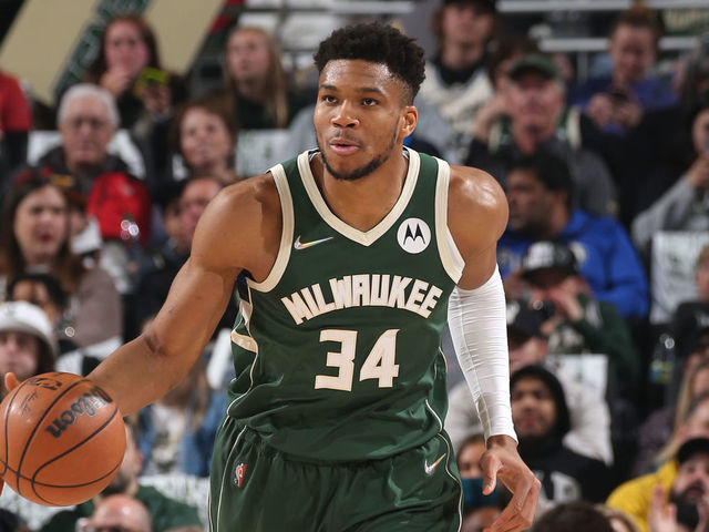 MILWAUKEE, WI - APRIL 27: Giannis Antetokounmpo #34 of the Milwaukee Bucks dribbles the ball against the Chicago Bulls during Round 1 Game 5 of the 2022 NBA Playoffs on April 27, 2022 at the Fiserv Forum Center in Milwaukee, Wisconsin. Mandatory Copyright Notice: Copyright 2022 NBAE .