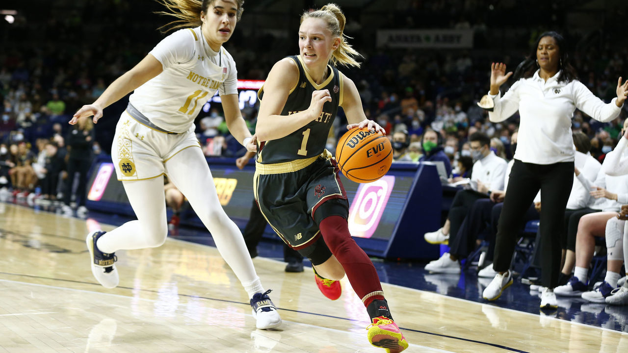 SOUTH BEND, IN - JANUARY 30: Boston College Eagles guard Cameron Swartz (1) drives past Notre Dame Fighting Irish guard Sonia Citron (11) during a womens college basketball game between the Boston College Eagles and the Notre Dame Fighting Irish on January 30, 2022, at Purcell Pavilion At The Joyce Center in South Bend, IN.