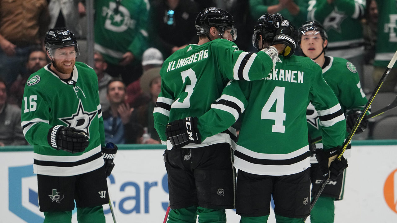 DALLAS, TX - APRIL 27: Joe Pavelski #16, John Klingberg #3, Miro Heiskanen #4 and the Dallas Stars celebrate a goal against the Arizona Coyotes at the American Airlines Center on April 27, 2022 in Dallas, Texas.