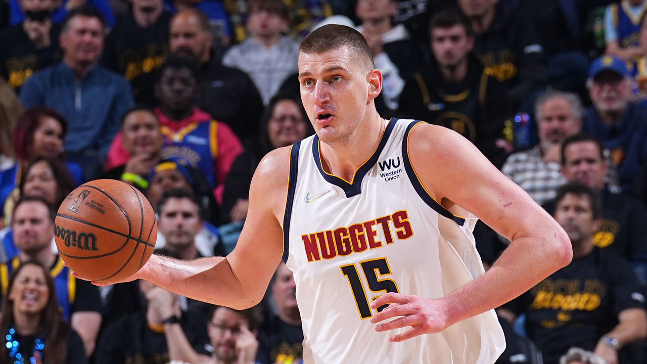SAN FRANCISCO, CA - APRIL 27: Nikola Jokic #15 of the Denver Nuggets dribbles the ball against the Golden State Warriors during Round 1 Game 5 of the 2022 NBA Playoffs on April 27, 2022 at Chase Center in San Francisco, California. NOTE TO USER: User expressly acknowledges and agrees that, by downloading and or using this photograph, user is consenting to the terms and conditions of Getty Images License Agreement. Mandatory Copyright Notice: Copyright 2022 NBAE