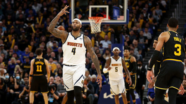 SAN FRANCISCO, CALIFORNIA - APRIL 27: DeMarcus Cousins #4 of the Denver Nuggets reacts after he made a three-point basket against the Golden State Warriors at the end of the third quarter during Game Five of the Western Conference First Round NBA Playoffs at Chase Center on April 27, 2022 in San Francisco, California. NOTE TO USER: User expressly acknowledges and agrees that, by downloading and/or using this photograph, User is consenting to the terms and conditions of the Getty Images License Agreement.