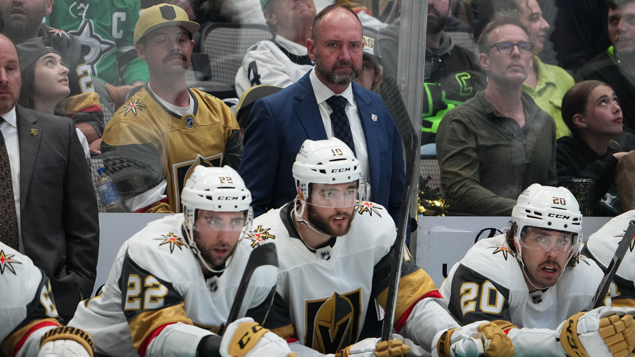 DALLAS, TX - APRIL 26: Pete DeBoer of the Vegas Golden Knights watches the action from behind the bench against the Dallas Stars at the American Airlines Center on April 26, 2022 in Dallas, Texas.