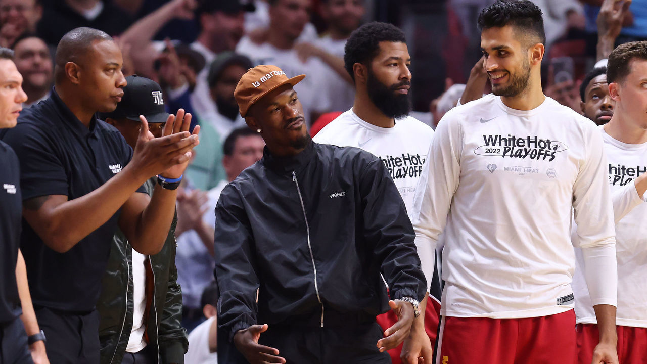 MIAMI, FLORIDA - APRIL 26: Jimmy Butler #22 of the Miami Heat reacts on the bench against the Atlanta Hawks during the first half in Game Five of the Eastern Conference First Round at FTX Arena on April 26, 2022 in Miami, Florida.