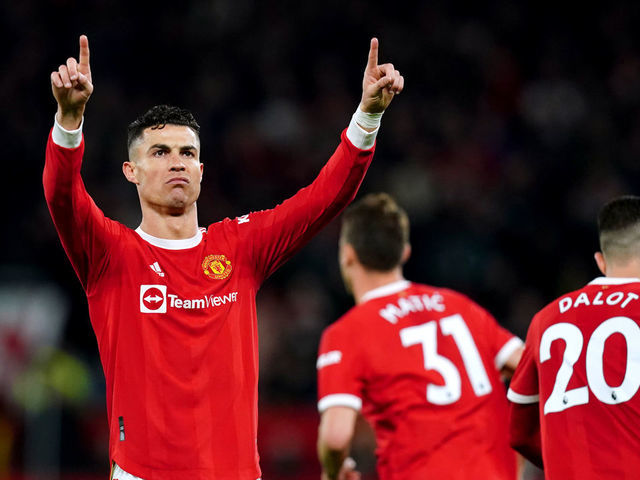 Manchester United's Cristiano Ronaldo celebrates scoring their side's first goal of the game during the Premier League match at Old Trafford, Manchester. Picture date: Thursday April 28, 2022.