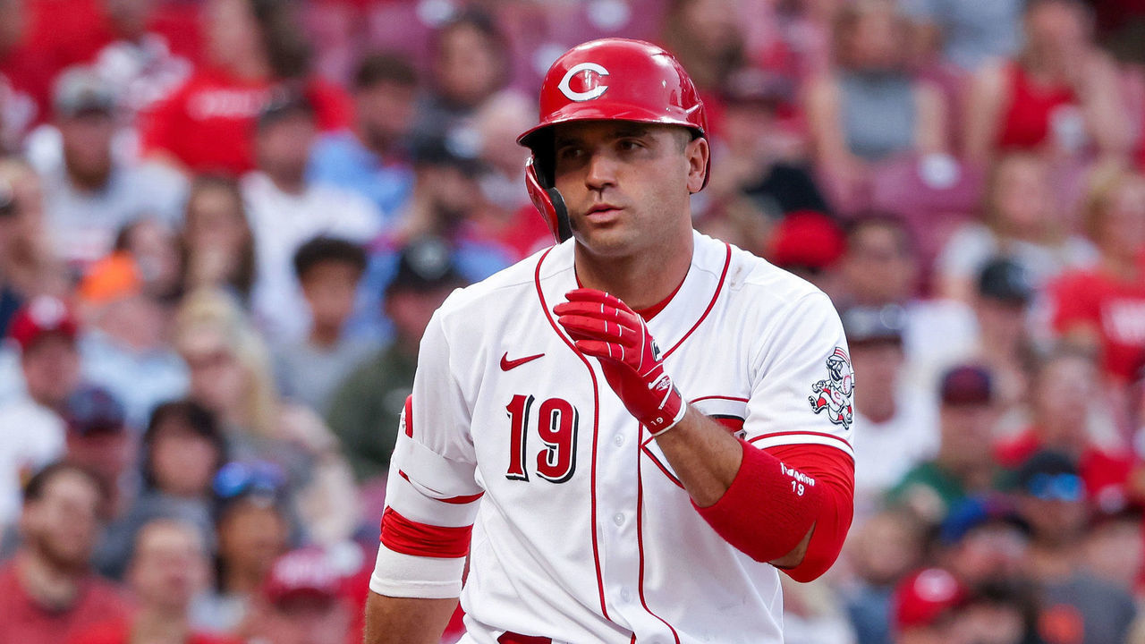 CINCINNATI, OHIO - APRIL 22: Joey Votto #19 of the Cincinnati Reds reacts after striking out in the third inning against the St. Louis Cardinals at Great American Ball Park on April 22, 2022 in Cincinnati, Ohio.