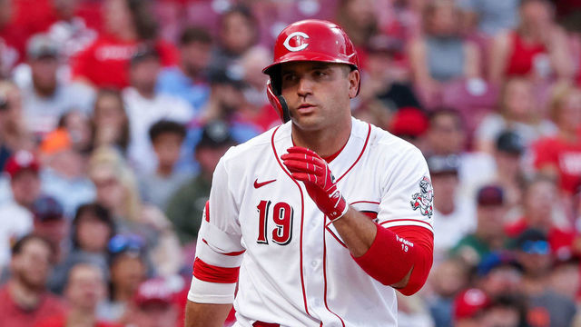 CINCINNATI, OHIO - APRIL 22: Joey Votto #19 of the Cincinnati Reds reacts after striking out in the third inning against the St. Louis Cardinals at Great American Ball Park on April 22, 2022 in Cincinnati, Ohio.
