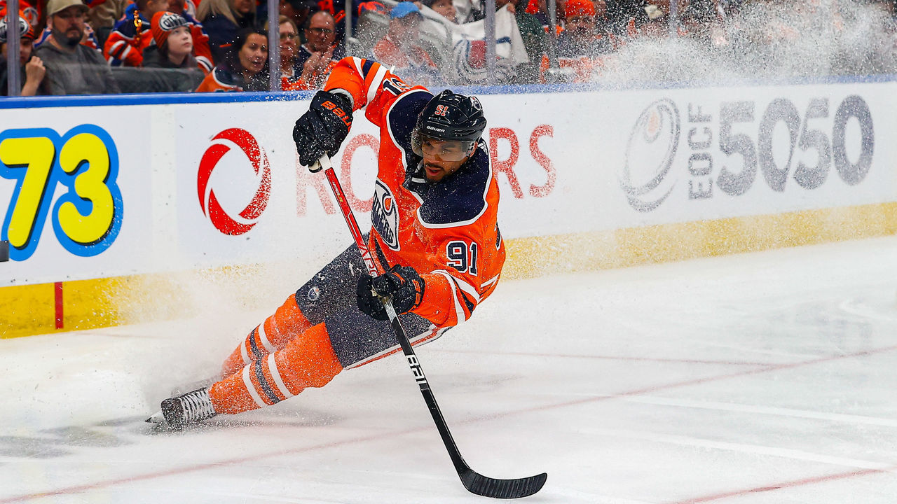 EDMONTON, AB - APRIL 22: Edmonton Oilers Left Wing Evander Kane (91) falls in the first period during the Edmonton Oilers game versus the Colorado Avalanche on April 22, 2022 at Rogers Place in Edmonton, AB.