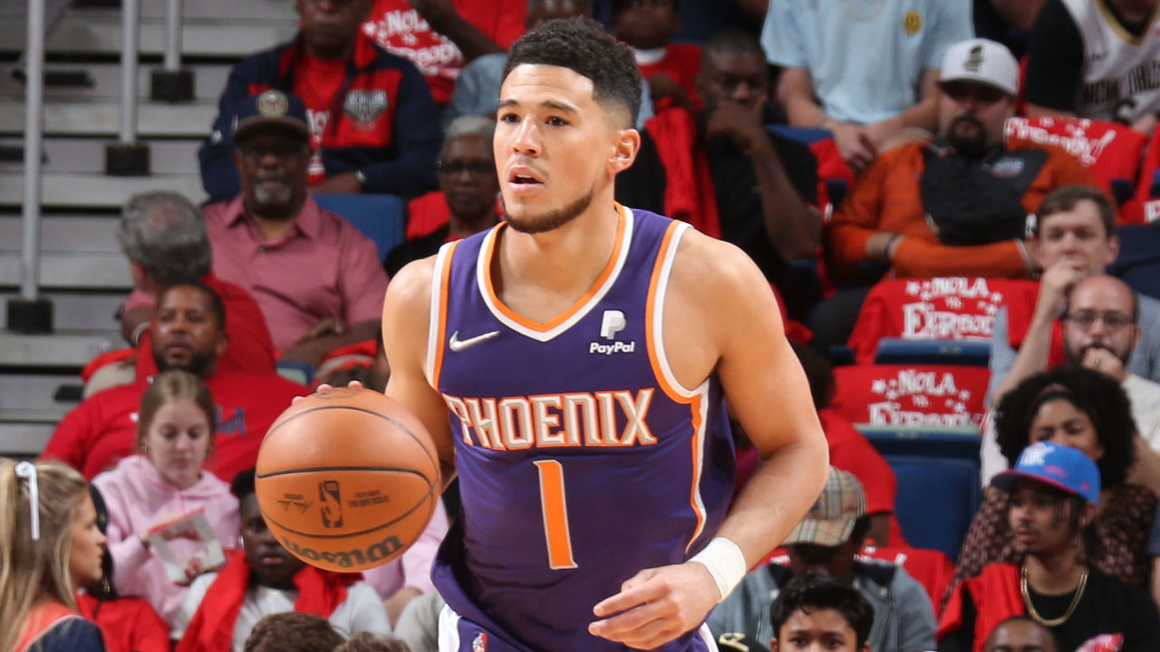 NEW ORLEANS, LA - APRIL 28: Devin Booker #1 of the Phoenix Suns dribbles the ball during Round 1 Game 6 of the 2022 NBA Playoffs New Orleans Pelicans on April 28, 2022 at the Smoothie King Center in New Orleans, Louisiana. Mandatory Copyright Notice: Copyright 2022 NBAE