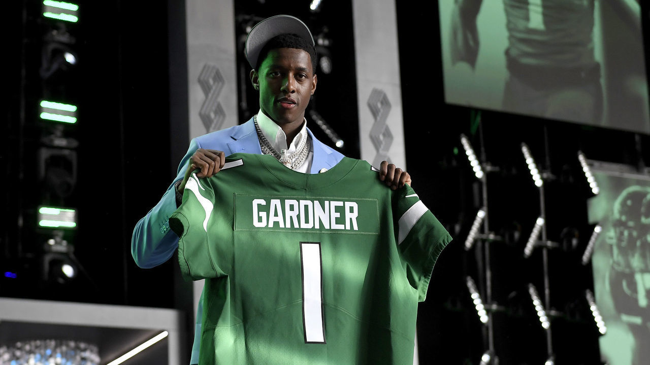 LAS VEGAS, NEVADA - APRIL 28: Ahmad Gardner poses onstage after being selected fourth by the New York Jets during round one of the 2022 NFL Draft on April 28, 2022 in Las Vegas, Nevada.