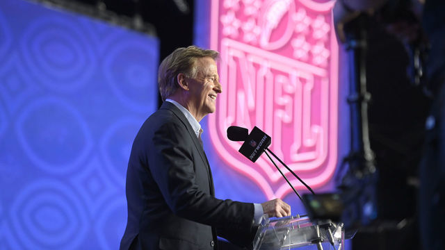 LAS VEGAS, NEVADA - APRIL 28: NFL Commissioner Roger Goodell speaks on stage to kick off round one of the 2022 NFL Draft on April 28, 2022 in Las Vegas, Nevada.