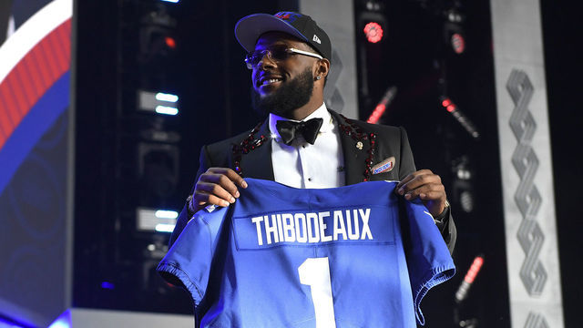 LAS VEGAS, NEVADA - APRIL 28: Kayvon Thibodeaux poses onstage after being selected fifth by the New York Giants during round one of the 2022 NFL Draft on April 28, 2022 in Las Vegas, Nevada.