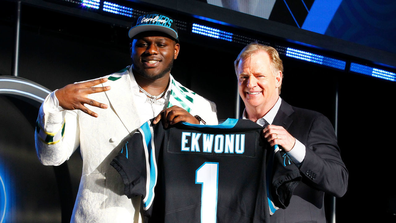 LAS VEGAS, NV - APRIL 28: Ickey Ekwonu, N.C. State is selected as the number six overall pick by the Carolina Panthers during the NFL Draft on April 28, 2022 in Las Vegas, Nevada.