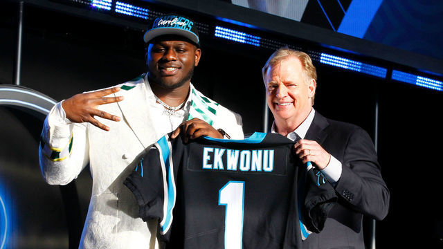 LAS VEGAS, NV - APRIL 28: Ickey Ekwonu, N.C. State is selected as the number six overall pick by the Carolina Panthers during the NFL Draft on April 28, 2022 in Las Vegas, Nevada.