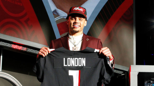 LAS VEGAS, NV - APRIL 28: Drake London, USC is selected as the number eight pick by the Atlanta Falcons during the NFL Draft on April 28, 2022 in Las Vegas, Nevada.