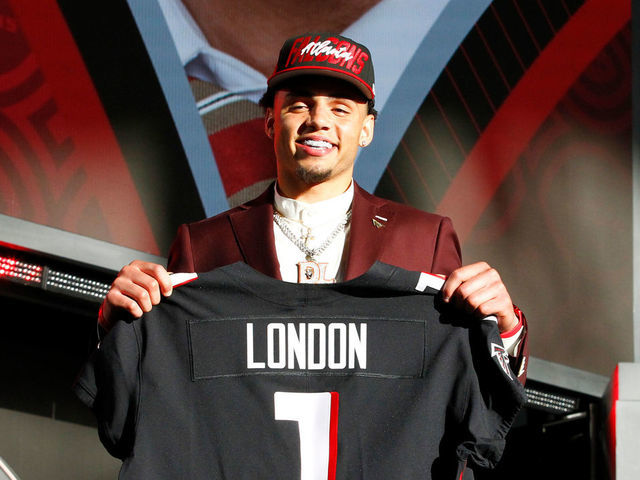 LAS VEGAS, NV - APRIL 28: Drake London, USC is selected as the number eight pick by the Atlanta Falcons during the NFL Draft on April 28, 2022 in Las Vegas, Nevada.