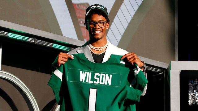 LAS VEGAS, NV - APRIL 28: Garrett Wilson, Ohio State University is selected as the number ten pick by the New York Jets during the NFL Draft on April 28, 2022 in Las Vegas, Nevada.