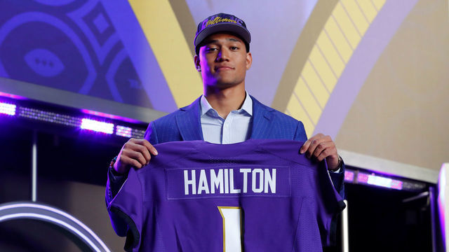 LAS VEGAS, NV - APRIL 28: Kyle Hamilton, Notre Dame, is selected as the number 14 pick by the Baltimore Ravens during the NFL Draft on April 28, 2022 in Las Vegas, Nevada.