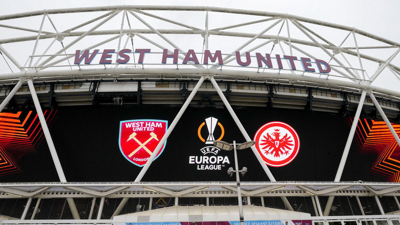 LONDON, ENGLAND - APRIL 28: . general view outside the stadium prior to the UEFA Europa League Semi Final Leg One match between West Ham United and Eintracht Frankfurt at Olympic Stadium on April 28, 2022 in London, United Kingdom.