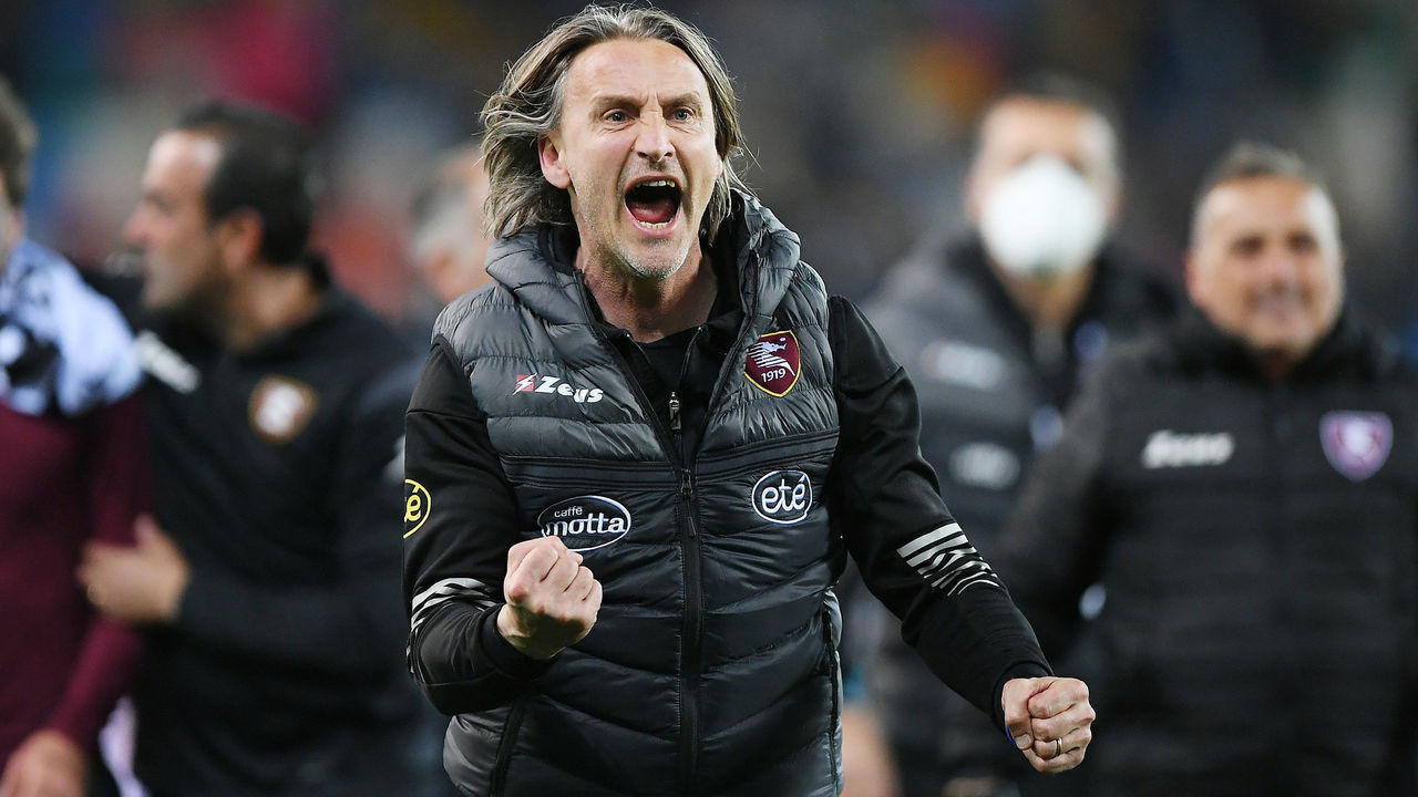 UDINE, ITALY - APRIL 20: Davide Nicola US Salernitana coach celebrates the victory after the Serie A match between Udinese Calcio and US Salernitana at Dacia Arena on April 20, 2022 in Udine, Italy.