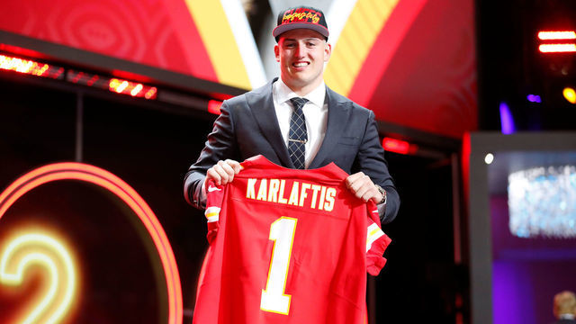 LAS VEGAS, NV - APRIL 28: George Karlaftis, Purdue is selected as the number 30 pick by the Kansas City Chiefs during the NFL Draft on April 28, 2022 in Las Vegas, Nevada.
