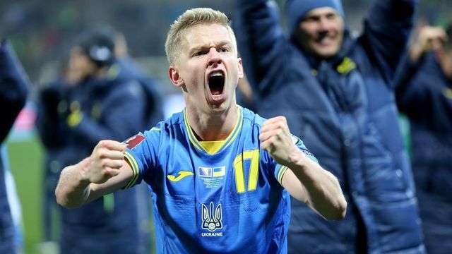 Oleksandr Zinchenko of Ukraine celebrates victory after during the FIFA 2022 World Cup qualifier match between BiH and Ukraine in Zenica, BiH, Nov. 16, 2021.