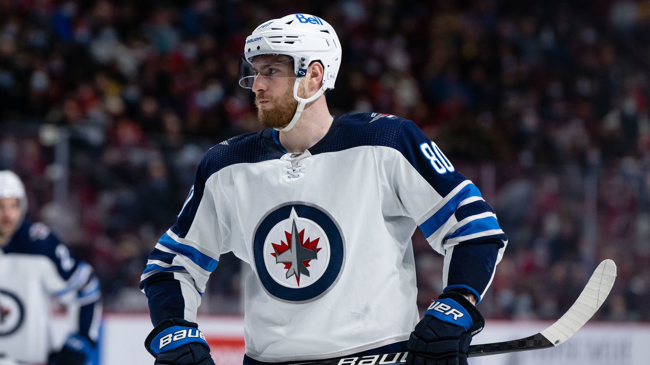 MONTREAL, QC - APRIL 11: Pierre-Luc Dubois (80) of the Winnipeg Jets waits for play to begin during the third period of the NHL game between the Winnipeg Jets and the Montreal Canadiens on April 11, 2022, at the Bell Centre in Montreal, QC
