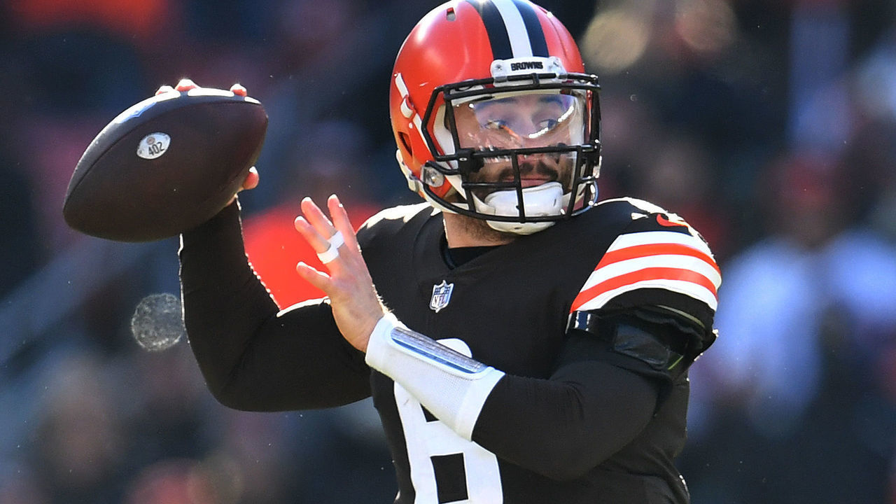 CLEVELAND, OHIO - DECEMBER 12: Baker Mayfield #6 of the Cleveland Browns throws a pass against the Baltimore Ravens in the first half at FirstEnergy Stadium on December 12, 2021 in Cleveland, Ohio.