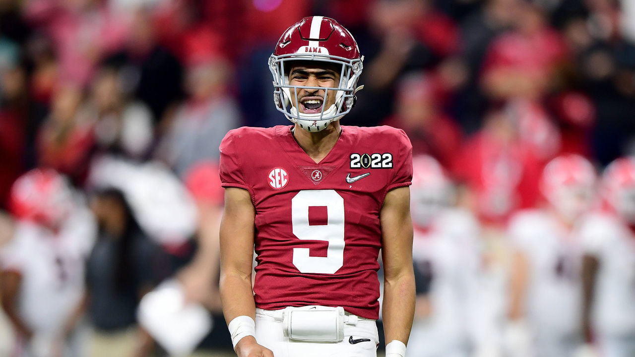INDIANAPOLIS, INDIANA - JANUARY 10: Bryce Young #9 of the Alabama Crimson Tide reacts in the second quarter of the game against the Georgia Bulldogs during the 2022 CFP National Championship Game at Lucas Oil Stadium on January 10, 2022 in Indianapolis, Indiana.