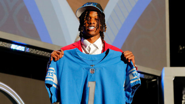 LAS VEGAS, NV - APRIL 28: Jameson Williams, Alabama, is selected as the number 12 pick by the Detroit Lions during the NFL Draft on April 28, 2022 in Las Vegas, Nevada.