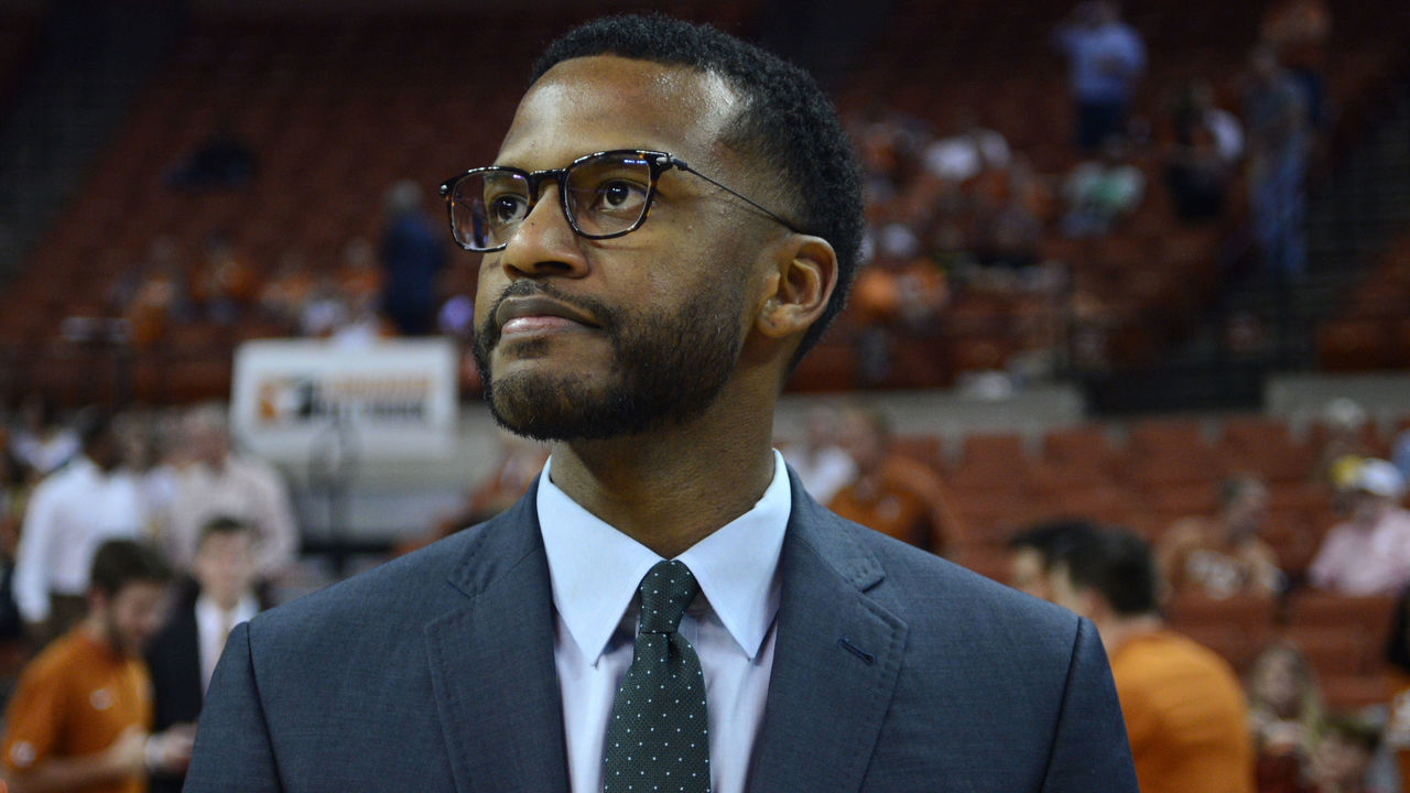 AUSTIN, TX - NOVEMBER 05: Texas Longhorns assistant coach Jai Lucas watches a replay during the college basketball game between the Northern Colorado Bears and the Texas Longhorns on November 5, 2019, at the Frank Erwin Center in Austin, TX.