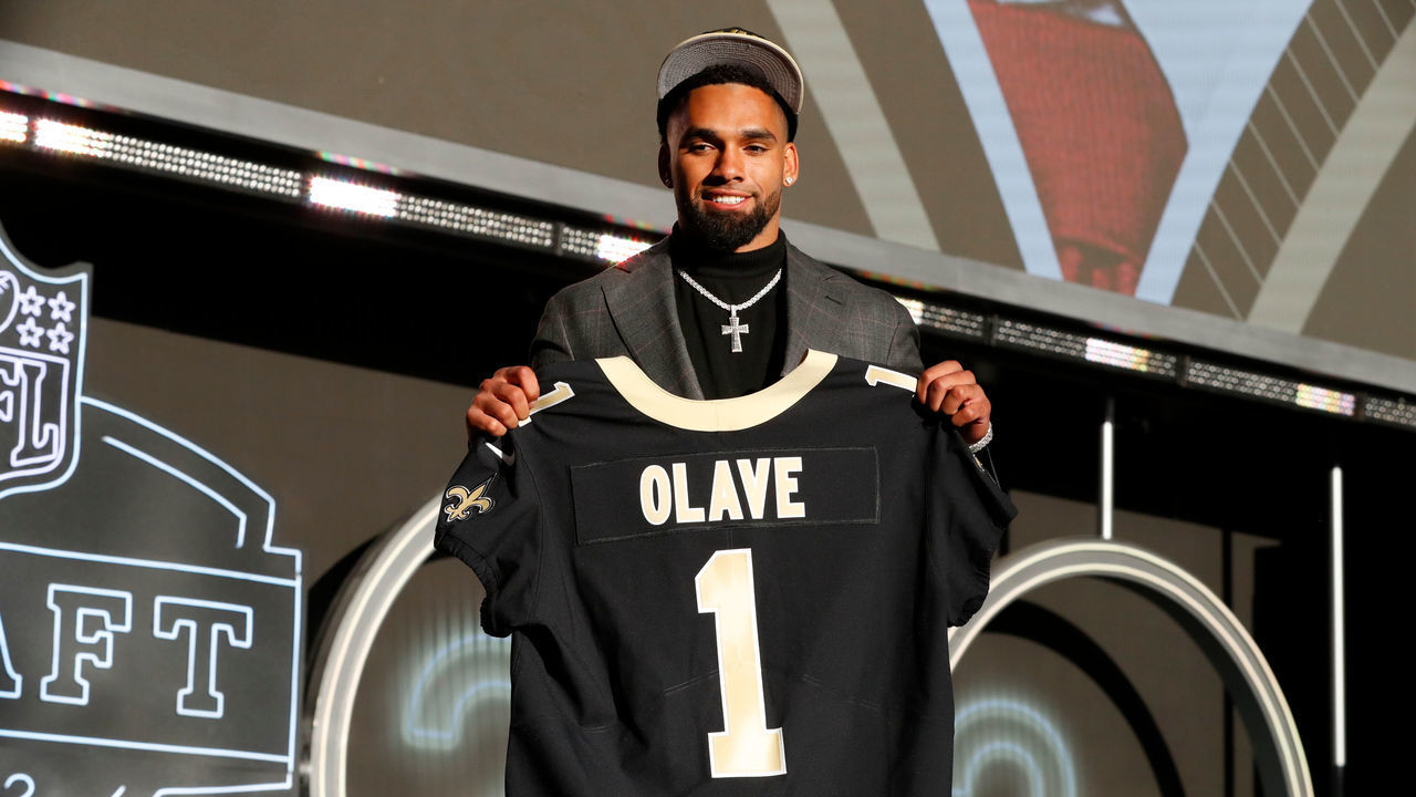 LAS VEGAS, NV - APRIL 28: Chris Olave, Ohio State University is selected as the number eleven pick by the New Orleans Saints during the NFL Draft on April 28, 2022 in Las Vegas, Nevada.