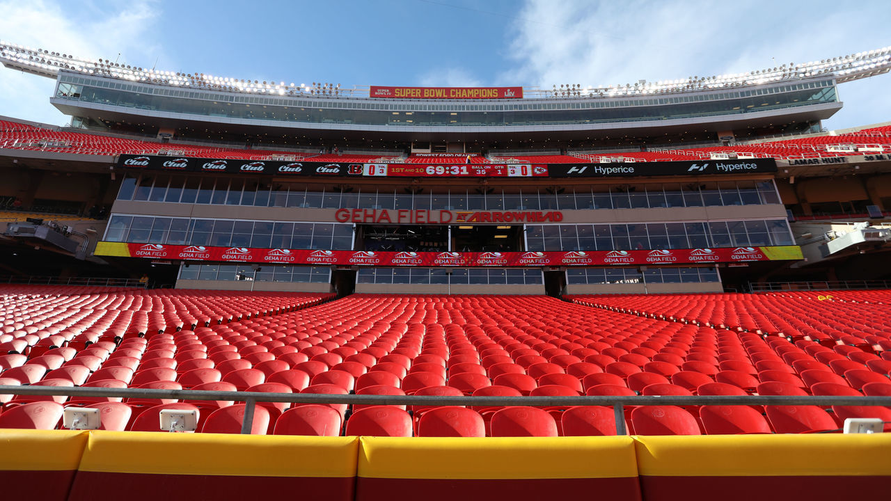 KANSAS CITY, MO - JANUARY 30: A general view of the stadium, press box and Super Bowl Champions sign before the AFC Championship game between the Cincinnati Bengals and Kansas City Chiefs on Jan 30, 2022 at GEHA Field at Arrowhead Stadium in Kansas City, MO.