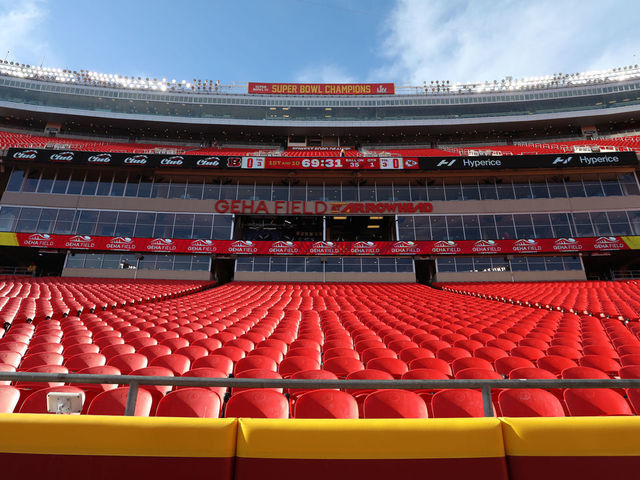 KANSAS CITY, MO - JANUARY 30: A general view of the stadium, press box and Super Bowl Champions sign before the AFC Championship game between the Cincinnati Bengals and Kansas City Chiefs on Jan 30, 2022 at GEHA Field at Arrowhead Stadium in Kansas City, MO.