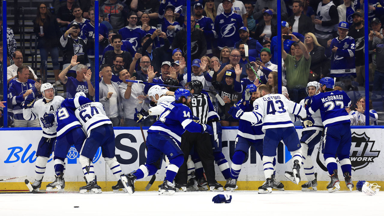 TAMPA, FLORIDA - APRIL 21: The Tampa Bay Lightning and the Toronto Maple Leafs fight in the third period during a game at Amalie Arena on April 21, 2022 in Tampa, Florida.