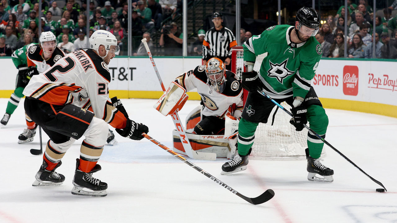 DALLAS, TEXAS - APRIL 29: Alexander Radulov #47 of the Dallas Stars controls the puck against Kevin Shattenkirk #22 of the Anaheim Ducks in the first period at American Airlines Center on April 29, 2022 in Dallas, Texas.