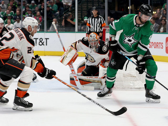 DALLAS, TEXAS - APRIL 29: Alexander Radulov #47 of the Dallas Stars controls the puck against Kevin Shattenkirk #22 of the Anaheim Ducks in the first period at American Airlines Center on April 29, 2022 in Dallas, Texas.
