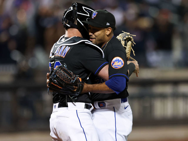 NEW YORK, NEW YORK - APRIL 29: Edwin Diaz #39 and James McCann #33 of the New York Mets celebrate after the final out completing a combined no-hitter in the game against the Philadelphia Phillies at Citi Field on April 29, 2022 in New York City.