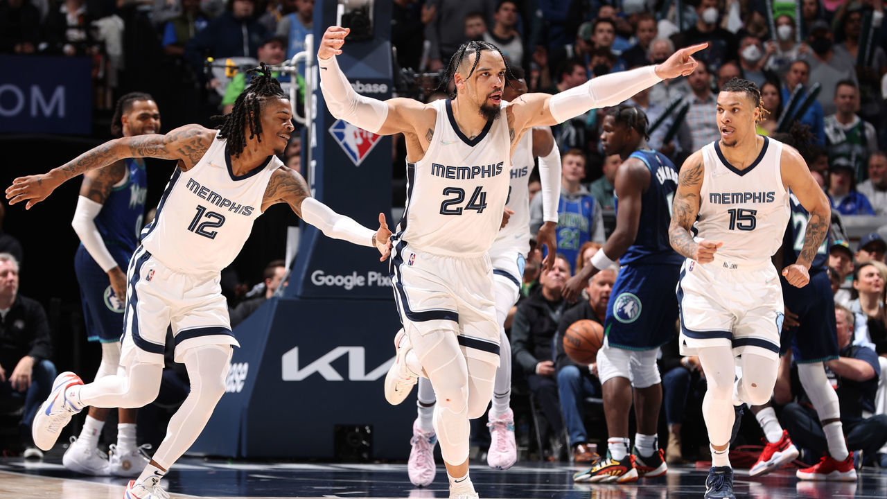 MINNEAPOLIS, MN - APRIL 29: The Memphis Grizzlies celebrate during Round 1 Game 6 of the 2022 NBA Playoffs on April 29, 2022 at Target Center in Minneapolis, Minnesota. Mandatory Copyright Notice: Copyright 2022 NBAE