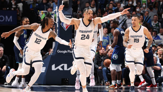 MINNEAPOLIS, MN - APRIL 29: The Memphis Grizzlies celebrate during Round 1 Game 6 of the 2022 NBA Playoffs on April 29, 2022 at Target Center in Minneapolis, Minnesota. Mandatory Copyright Notice: Copyright 2022 NBAE