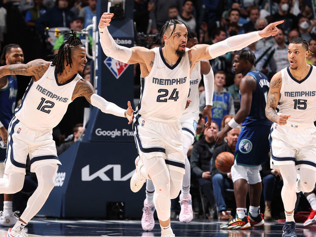 MINNEAPOLIS, MN - APRIL 29: The Memphis Grizzlies celebrate during Round 1 Game 6 of the 2022 NBA Playoffs on April 29, 2022 at Target Center in Minneapolis, Minnesota. Mandatory Copyright Notice: Copyright 2022 NBAE
