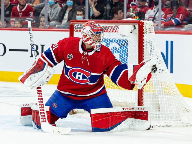 MONTREAL, QC - APRIL 29: Goaltender Carey Price #31 of the Montreal Canadiens makes a glove save against the Florida Panthers in the NHL game at the Bell Centre on April 29, 2022 in Montreal, Quebec, Canada.