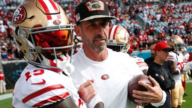 JACKSONVILLE, FL - NOVEMBER 21: Deebo Samuel #19 and Head Coach Kyle Shanahan of the San Francisco 49ers on the field before the game against the Jacksonville Jaguars at TIAA Bank Field on November 21, 2021 in Jacksonville, Florida. The 49ers defeated the Jaguars 30-10.